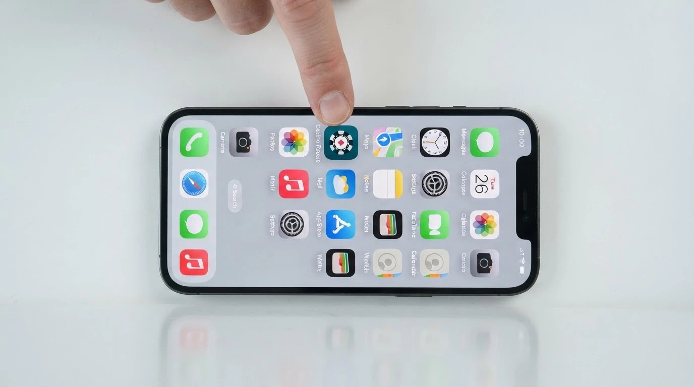 A close-up of a smartphone home screen showing a casino PWA shortcut icon among native apps like Safari and Messages, with a finger about to tap it
