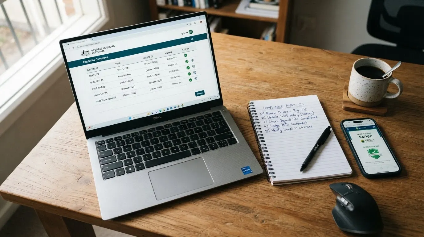 A desk with a laptop open to an ACMA page, a notepad with a checklist, and a smartphone showing a casino review