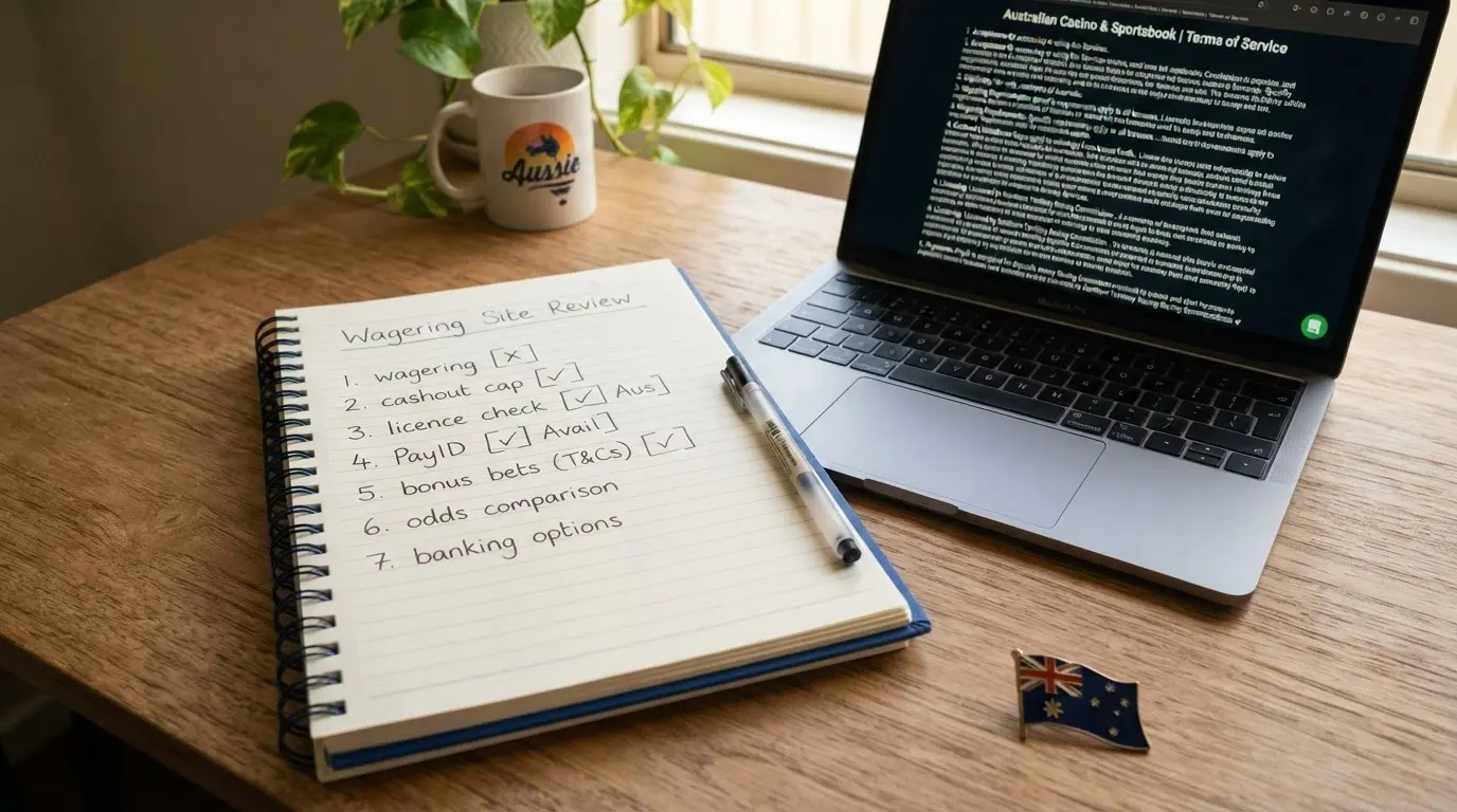 A desk setup with a notepad listing evaluation criteria (wagering, cashout, licence check, PayID support) beside a laptop showing a casino terms page and the ACMA website