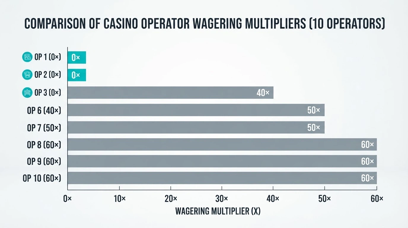 A horizontal bar-chart comparison showing wagering multipliers from 0x to 60x across the reviewed operators, with the three 0x bars highlighted in a different colour