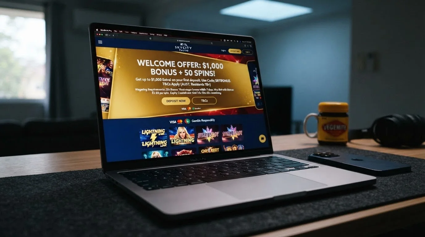 A casino promotions page showing a 100%-match welcome offer with the headline figure in large type and the wagering terms, expiry and max-bet rules in smaller print below