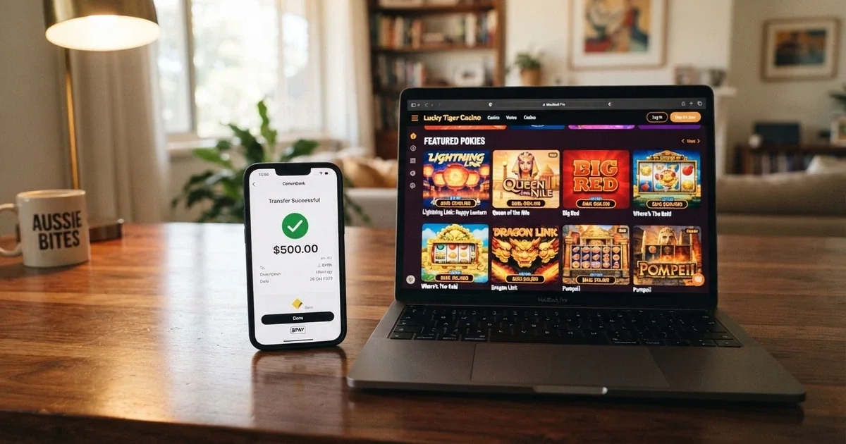 A smartphone showing an Australian banking app with a PayID transfer confirmation screen next to a laptop displaying an online casino lobby with pokie thumbnails