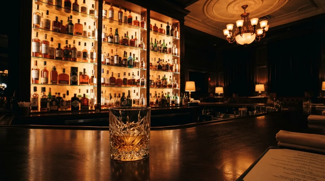 The backlit bar at Chandelier Bar showing its premium-spirits collection at SkyCity Adelaide