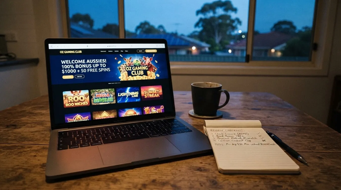 An open laptop on a kitchen table at dusk, casino landing page on screen, a notebook beside it with a short handwritten checklist: licence, T&Cs, PayID mismatch, cashout cap