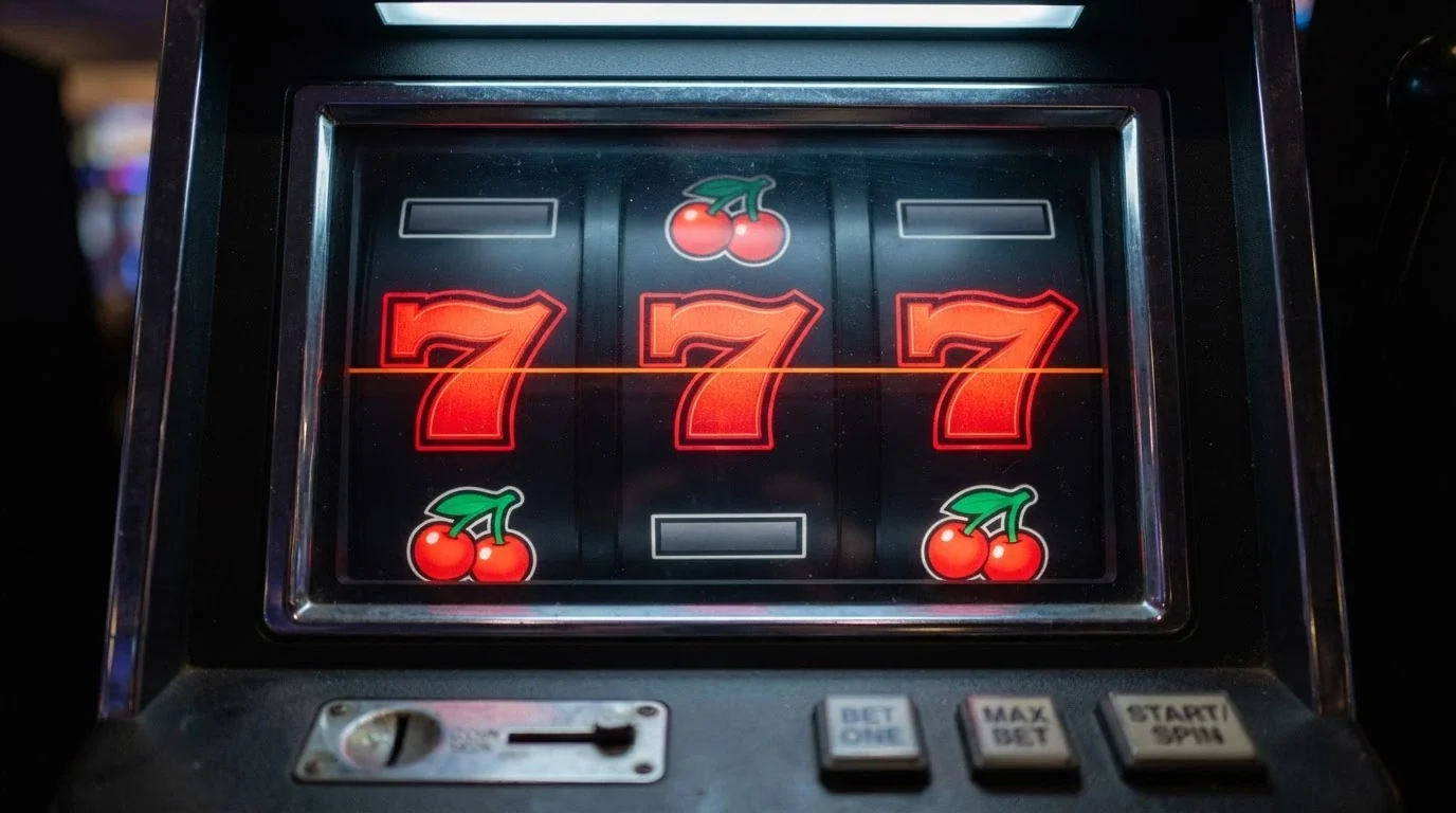 A close-up of a 3-reel pokie interface with the reels stopped on a winning payline of triple sevens