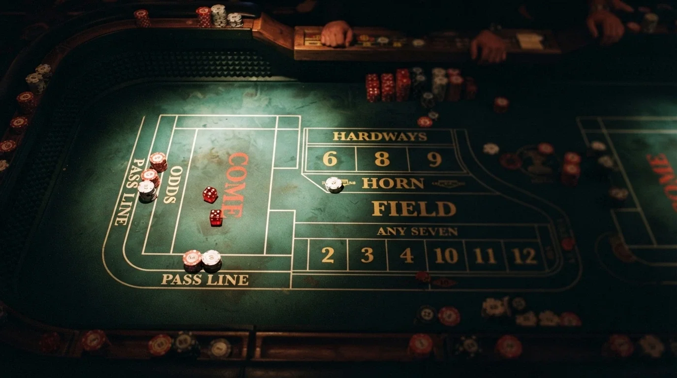 A close-up of a craps table layout with the pass line and odds bet area illuminated, while the centre proposition bets sit in shadow.