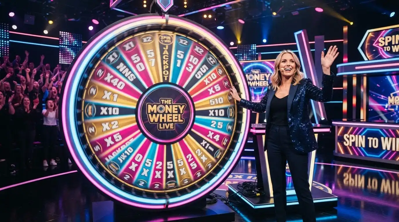 The Crazy Time money wheel in an Evolution studio, with the multiplier segments lit and the host mid-spin