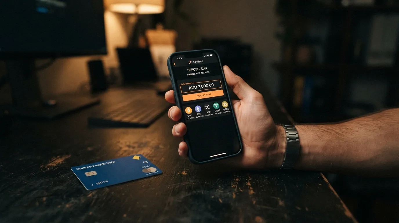A smartphone displaying a casino deposit screen with Bitcoin and cryptocurrency options highlighted, next to an Australian bank card