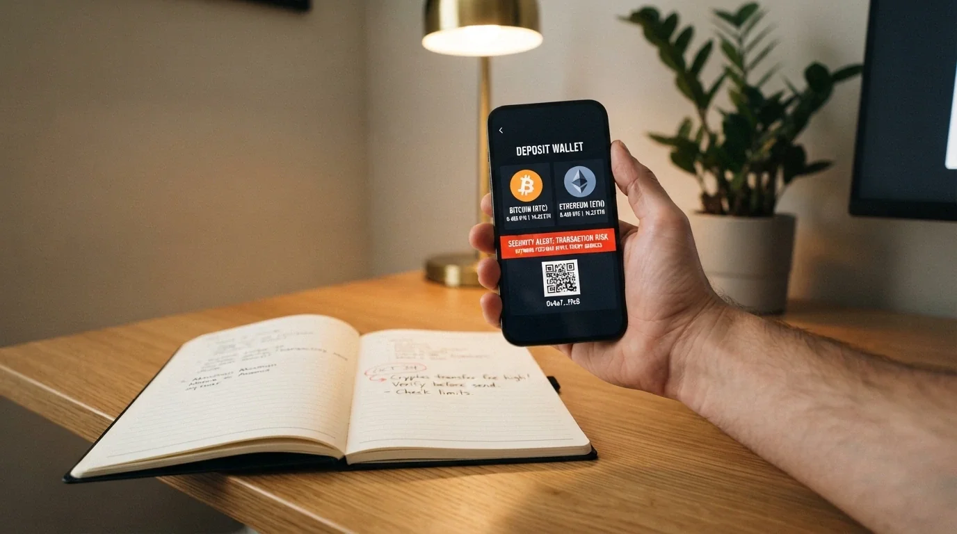 A smartphone displaying a crypto casino deposit screen with Bitcoin and Ethereum options overlaid with an ACMA warning banner and a calendar showing the 11 June 2024 ban date
