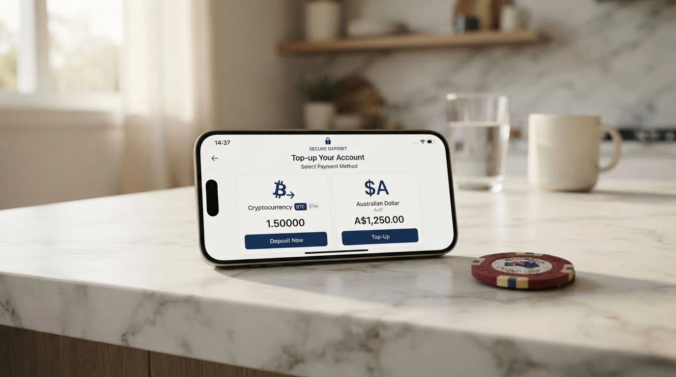 A smartphone showing a casino cashier screen with Bitcoin and Ethereum deposit options alongside a fiat currency column, with a small padlock icon marked “offshore”