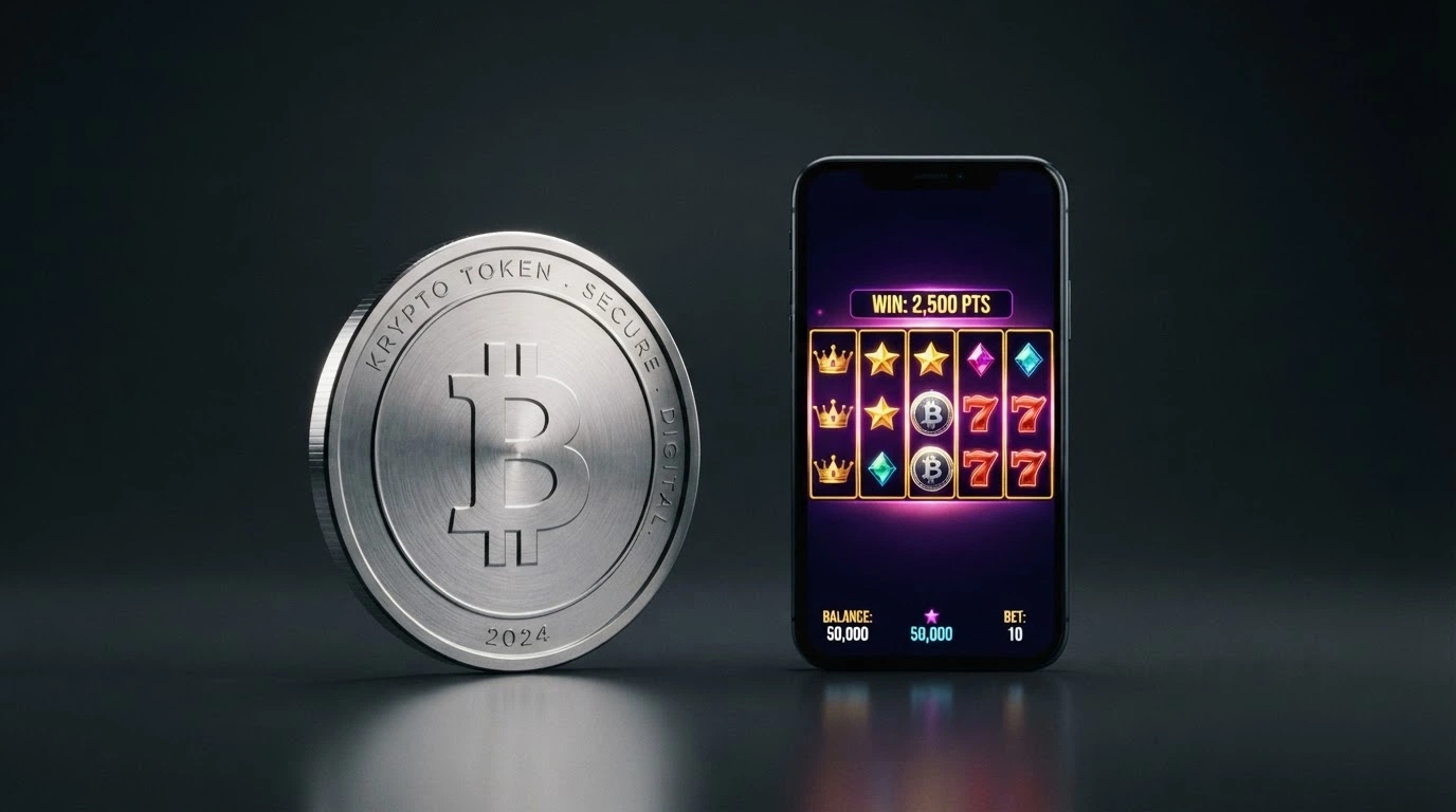 A bitcoin token beside a smartphone showing an online casino lobby, with a subtle warning-icon overlay