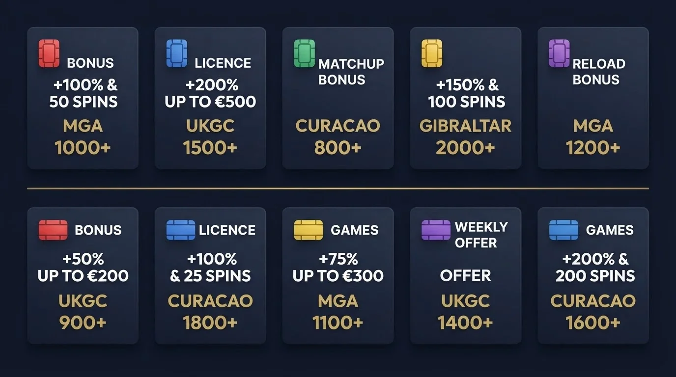 A side-by-side arrangement of ten offshore casino logos above a table of bonus figures and licence types