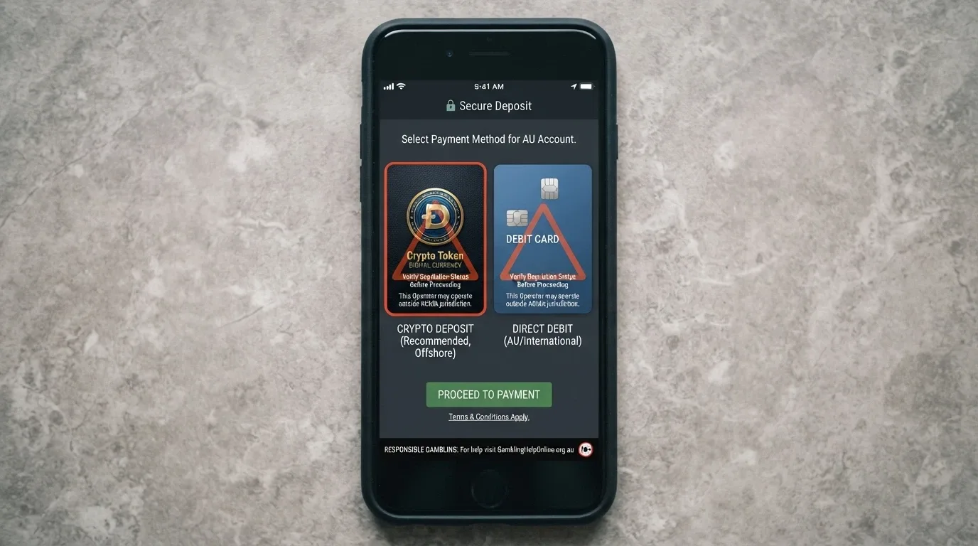 An iPhone displaying a casino deposit screen with Bitcoin and credit-card options highlighted, overlaid with a warning icon
