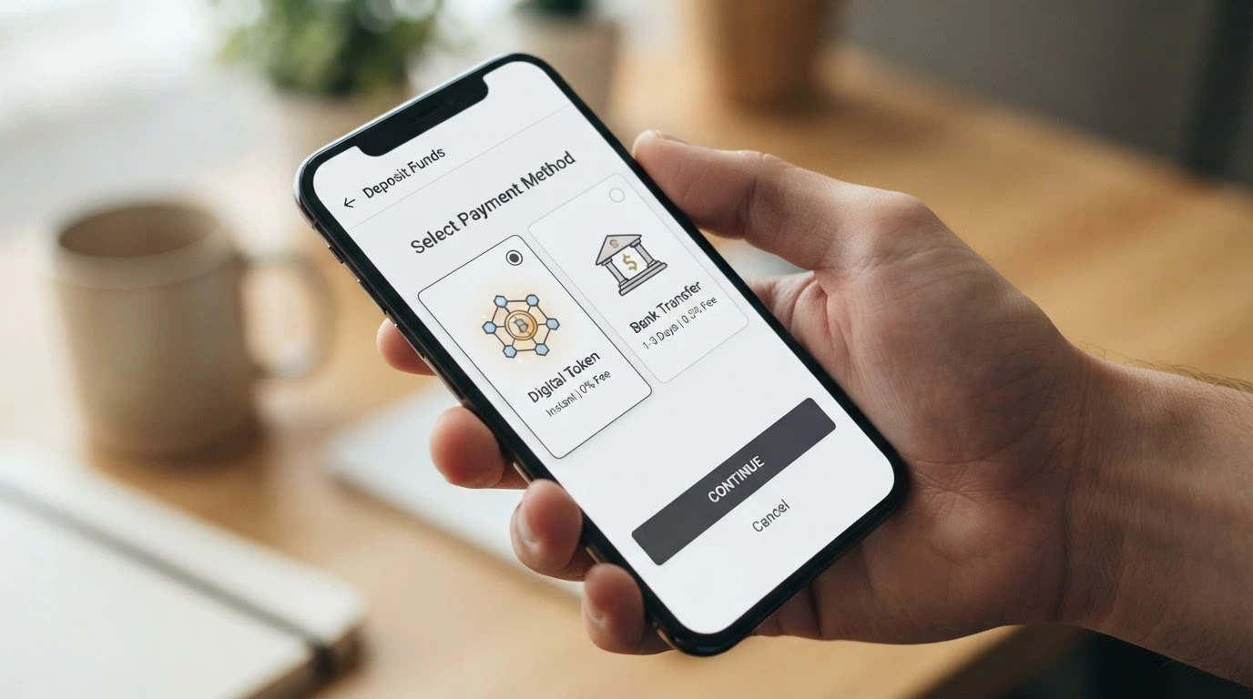 A smartphone showing cryptocurrency and PayID as deposit options side by side on a casino cashier page