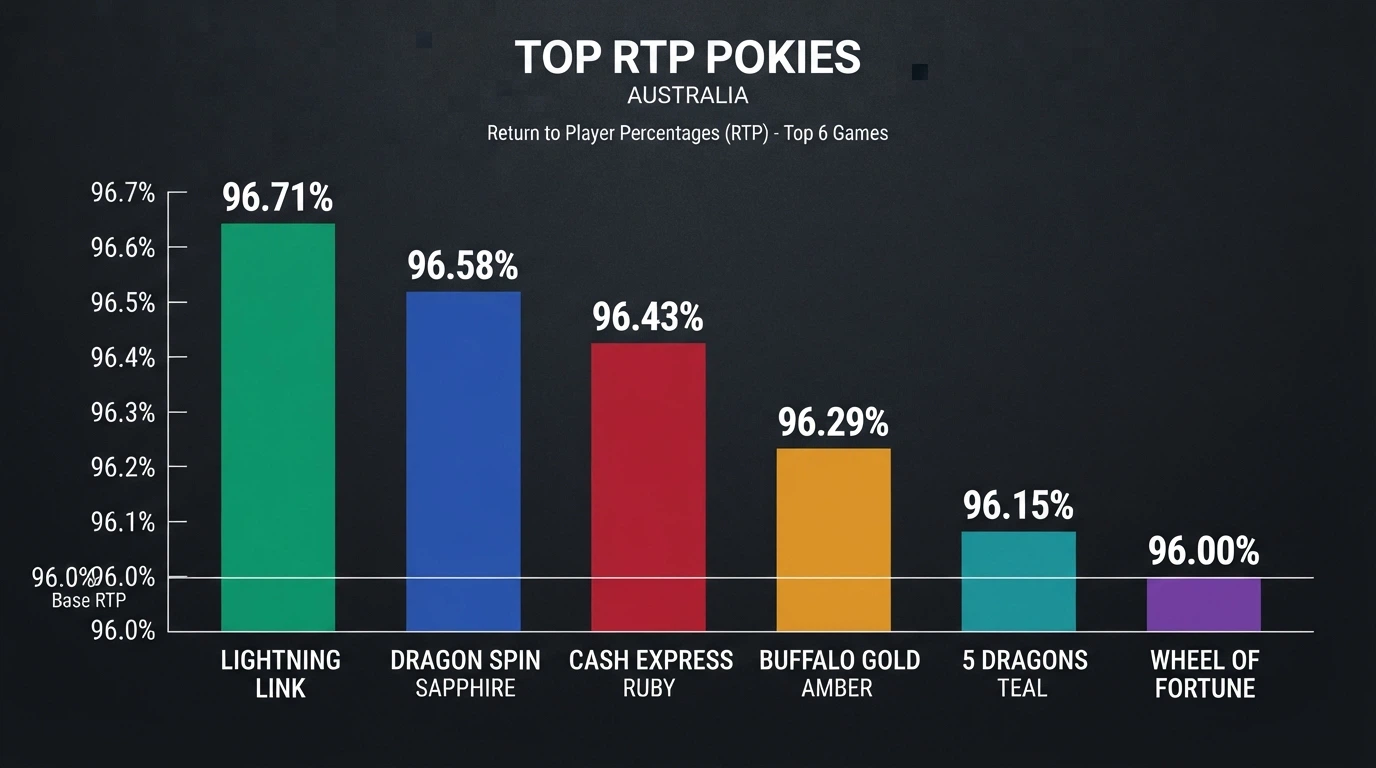A grid of six crypto-themed pokie title screens with their RTP percentages overlaid in bold, arranged from highest to lowest