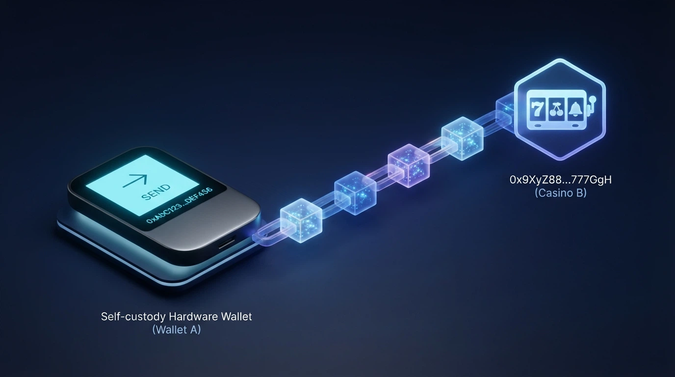 A diagram showing a crypto transaction flowing from a self-custody wallet to a casino address on a blockchain, with no name or personal data attached to the transfer.