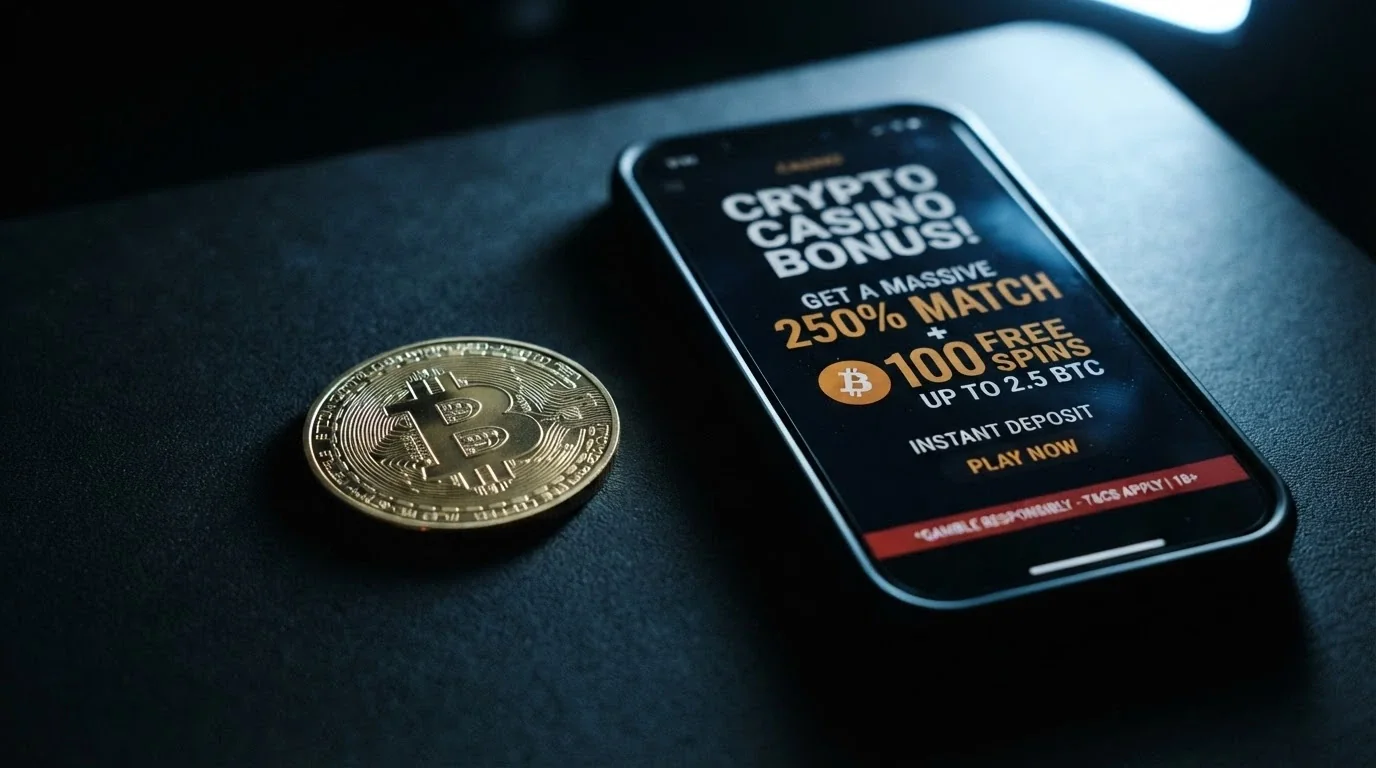 A Bitcoin physical token beside a smartphone displaying a casino bonus offer denominated in mBTC, with an Australian regulatory warning overlay