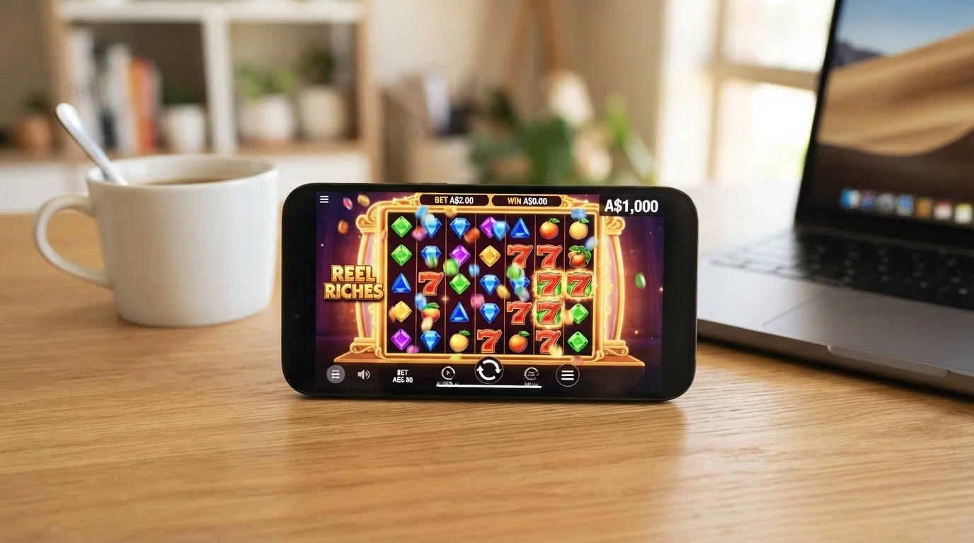 A 7-reel slot running in demo mode with a virtual play-money balance displayed in the corner of the screen