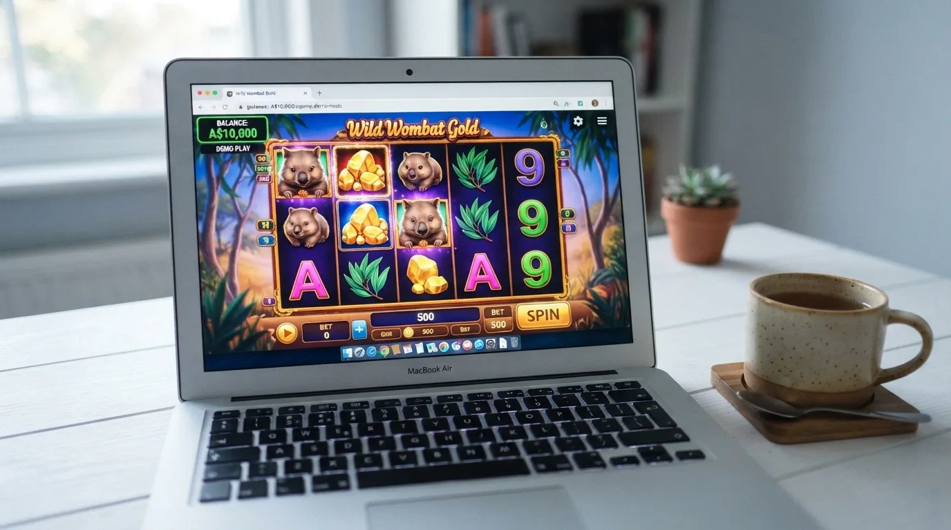 A browser window showing a free-play pokie game in demo mode with a play-money balance visible, no sign-up form on screen