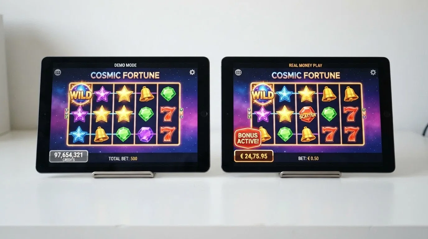 A split screen comparing a demo-mode pokie with a play-money balance against a real-money no-wager bonus screen