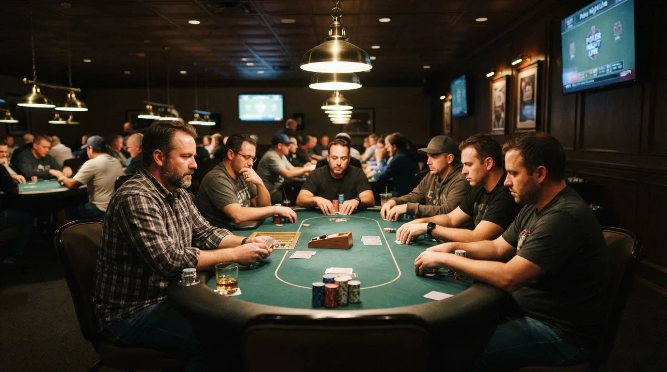 Players seated around green-felt poker tables inside The District poker room at SkyCity Adelaide