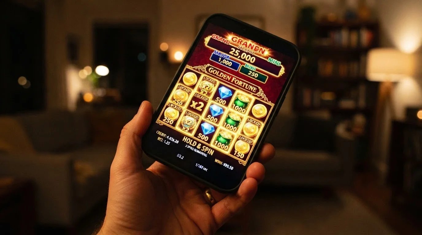 A smartphone displaying a Dragon Link Hold & Spin bonus round in progress, with the progressive jackpot meter visible at the top of the screen