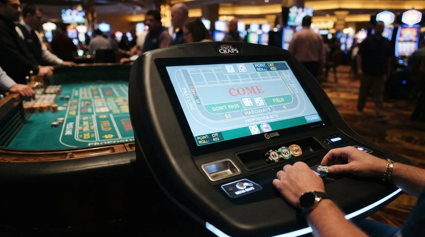 An electronic craps terminal with a touchscreen interface, digital dice and a simplified betting grid, positioned beside a traditional table-game menu.