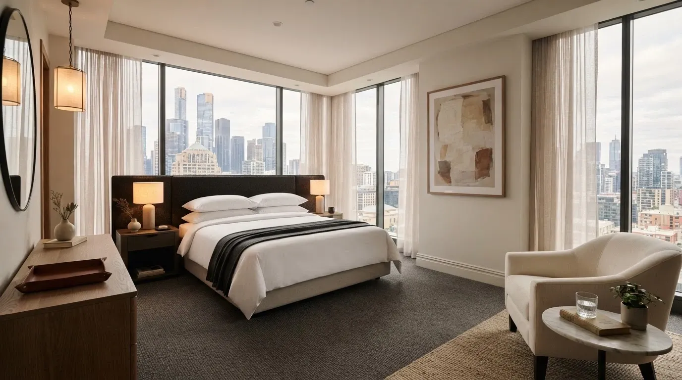 A corner suite at Eos by SkyCity with floor-to-ceiling windows and curated artwork