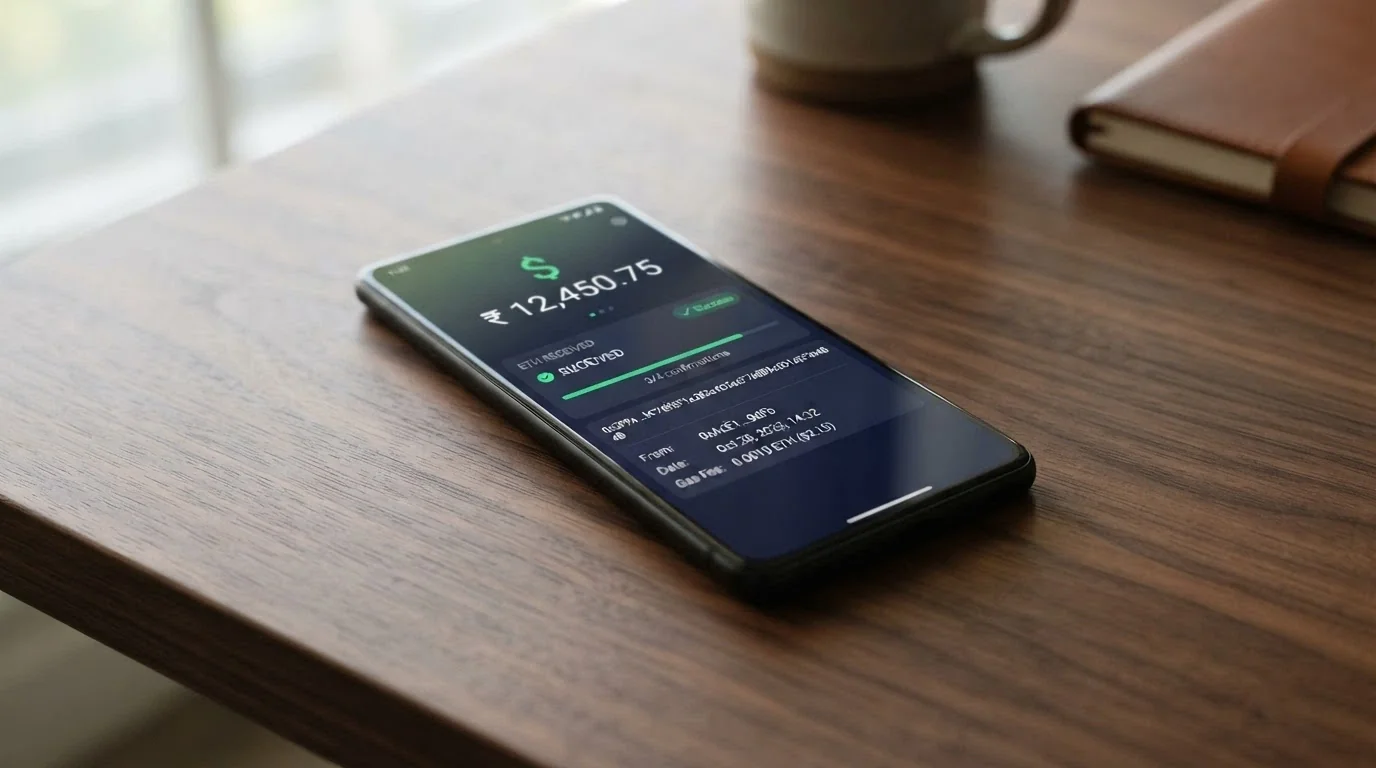 A crypto wallet interface on a smartphone showing a pending Ethereum transaction to a casino deposit address