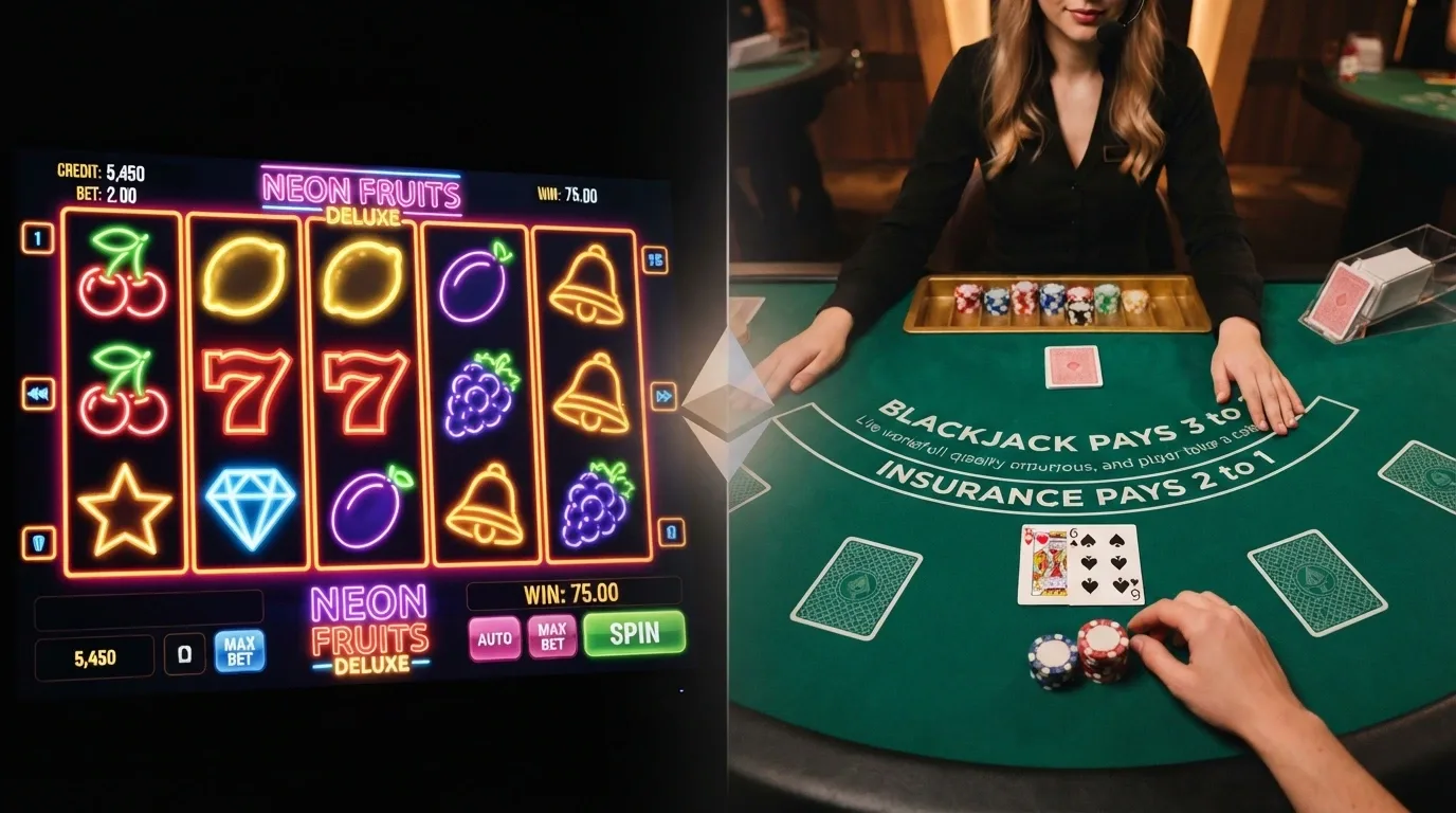 A grid of brightly lit online pokie reels and a live-dealer blackjack table with a dealer visible, overlaid with an ETH logo