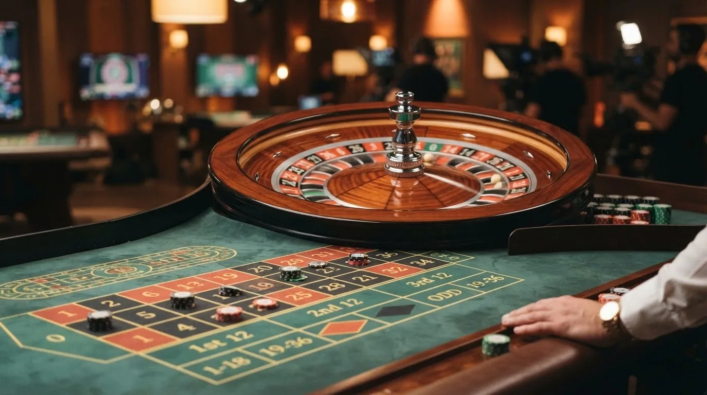 A European roulette wheel in a live studio, the single zero clearly visible, with the betting grid overlaid on screen