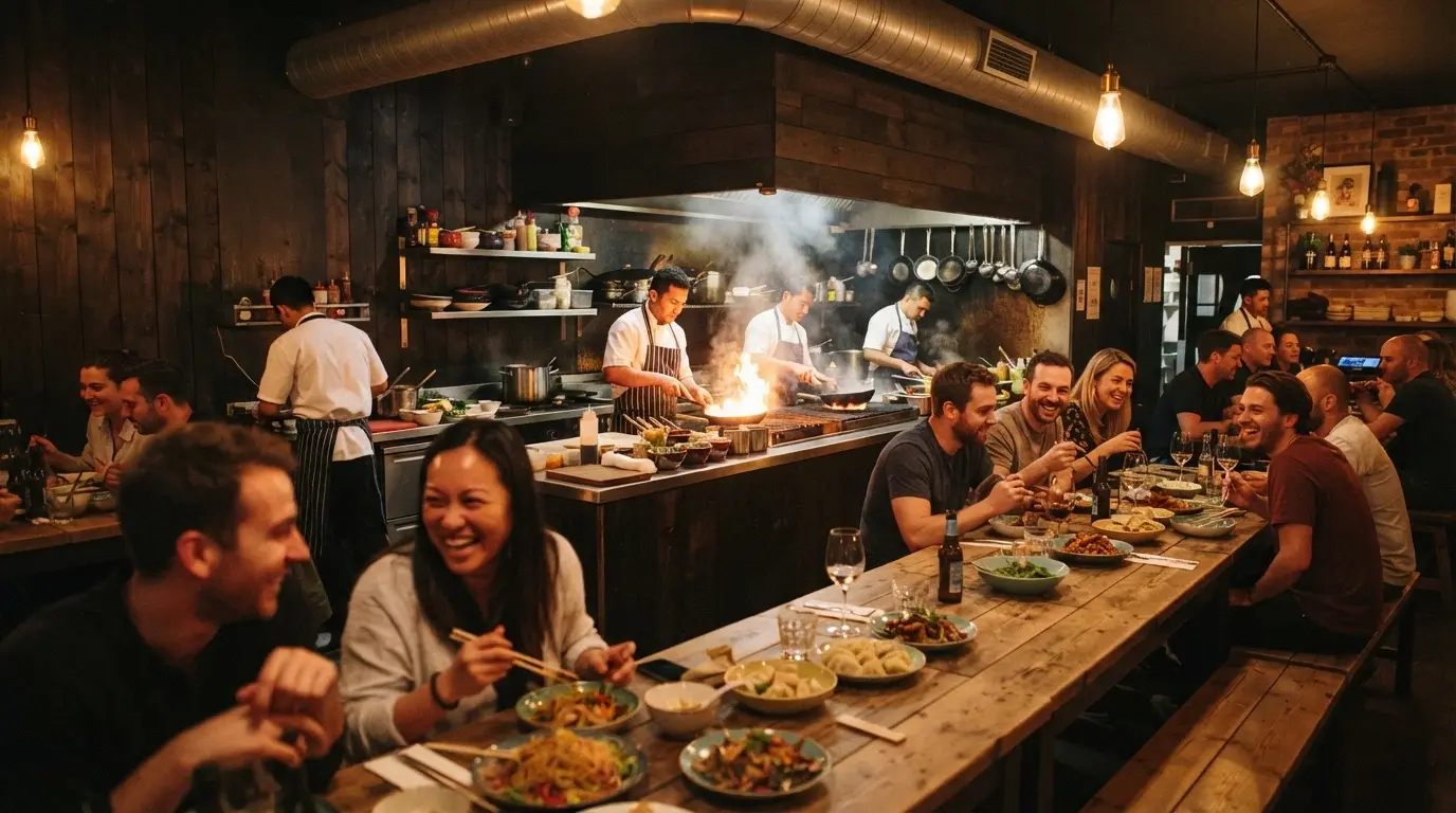 Inside the Fat Noodle restaurant with an open kitchen, chefs at work and diners at long wooden tables