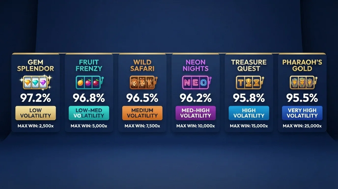A side-by-side display of pokie title cards showing RTP percentages, volatility labels and provider logos in a comparison layout