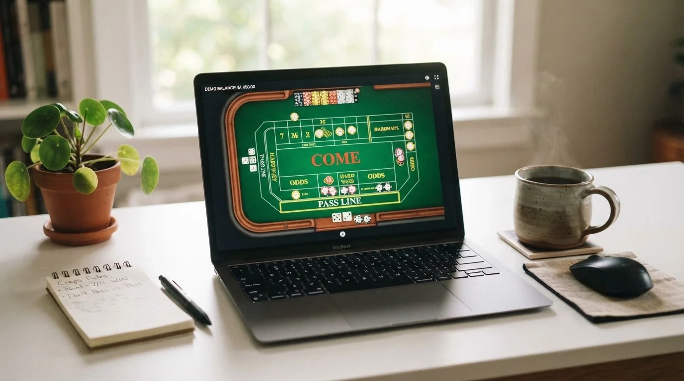 A laptop screen showing a free-play online craps table with a demo balance of play-money chips and the pass-line bet highlighted.
