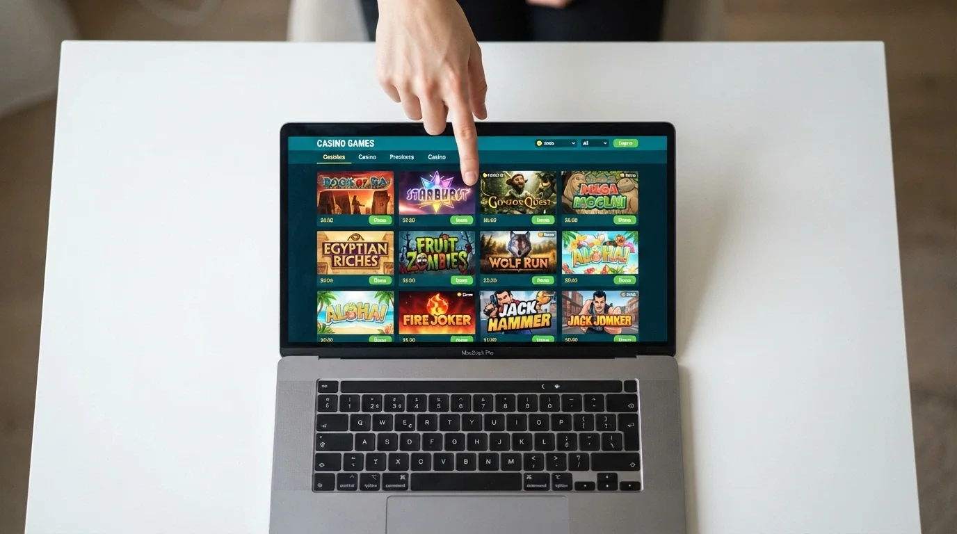 An online casino game lobby showing 7-reel slot titles with a demo or free-play button visible beside each one
