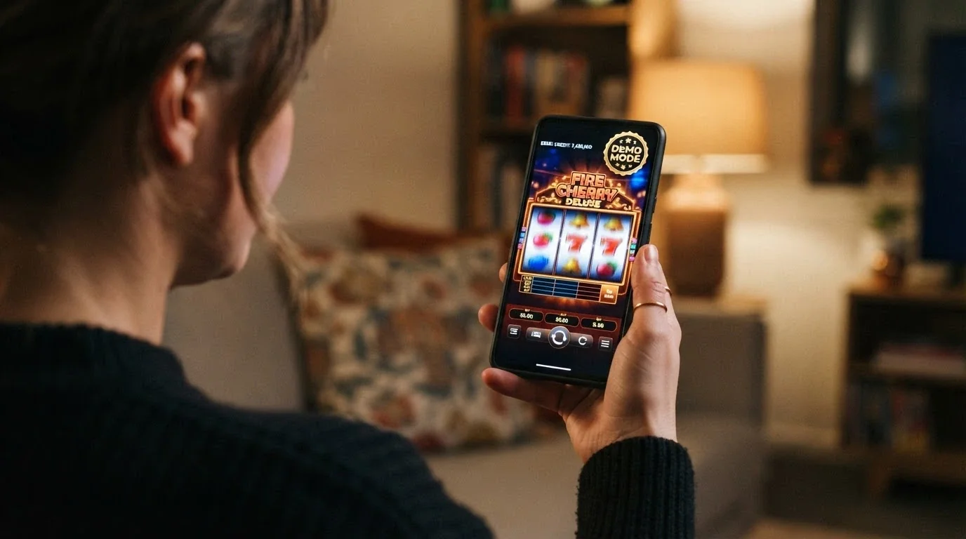 A smartphone screen showing a colourful pokies game in demo mode with a large play-money balance displayed and the reels mid-spin