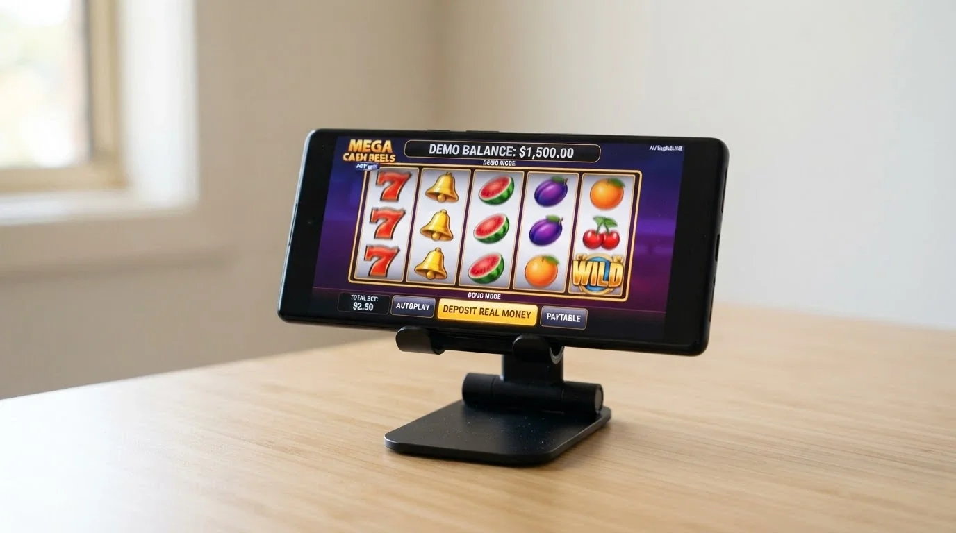 An Android phone screen showing a pokies game in demo mode with a large play-money balance displayed and a “Deposit Real Money” button visible
