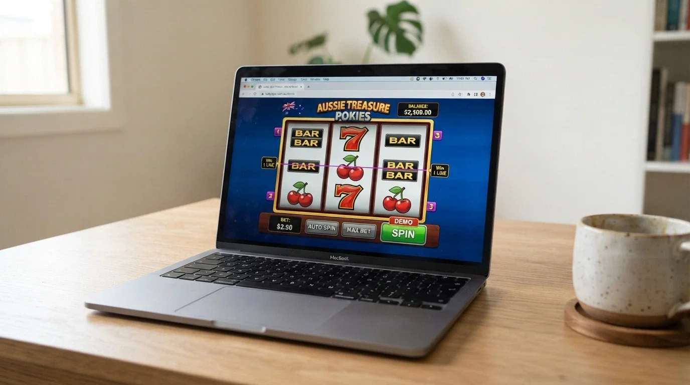 A browser window showing a 3-reel pokie in demo mode with a play-money balance displayed