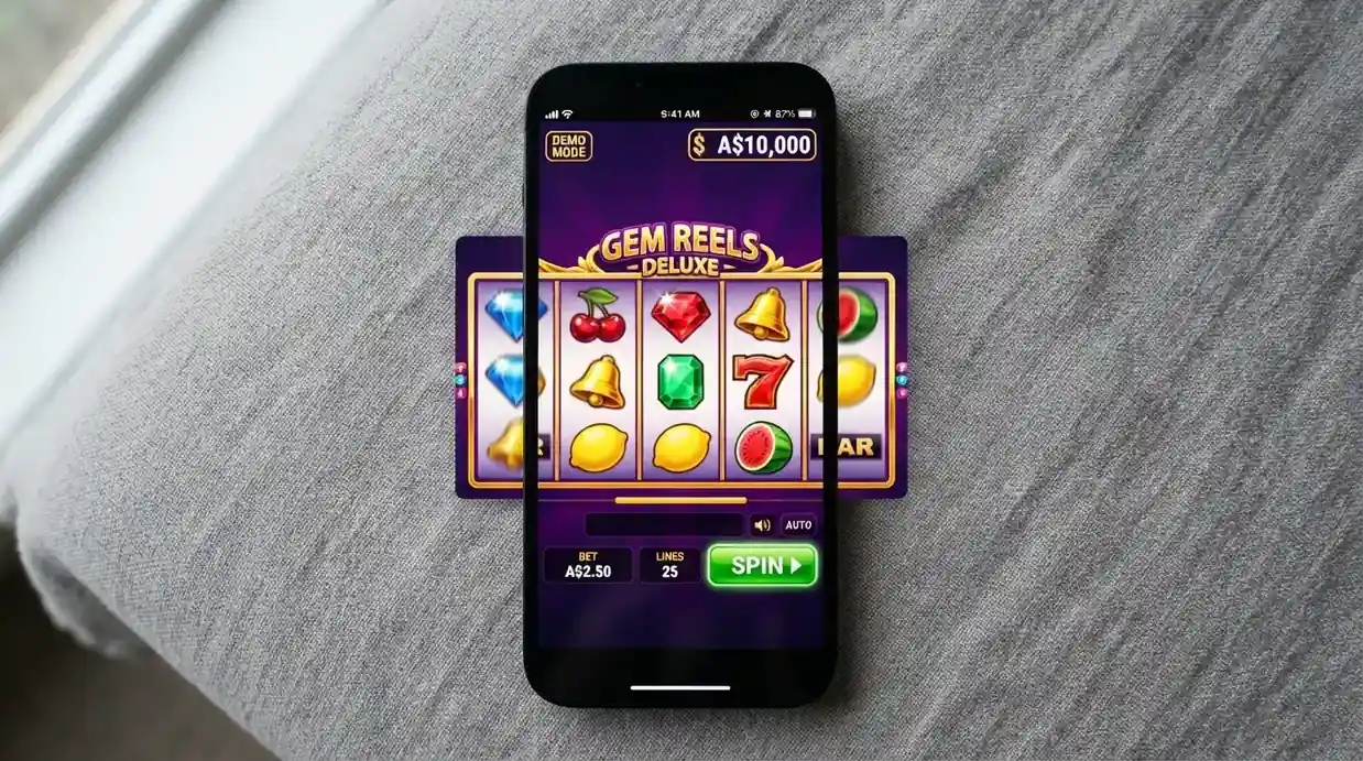 An iPhone screen displaying a pokie game in demo mode with a play-money balance counter visible, no deposit prompt on screen
