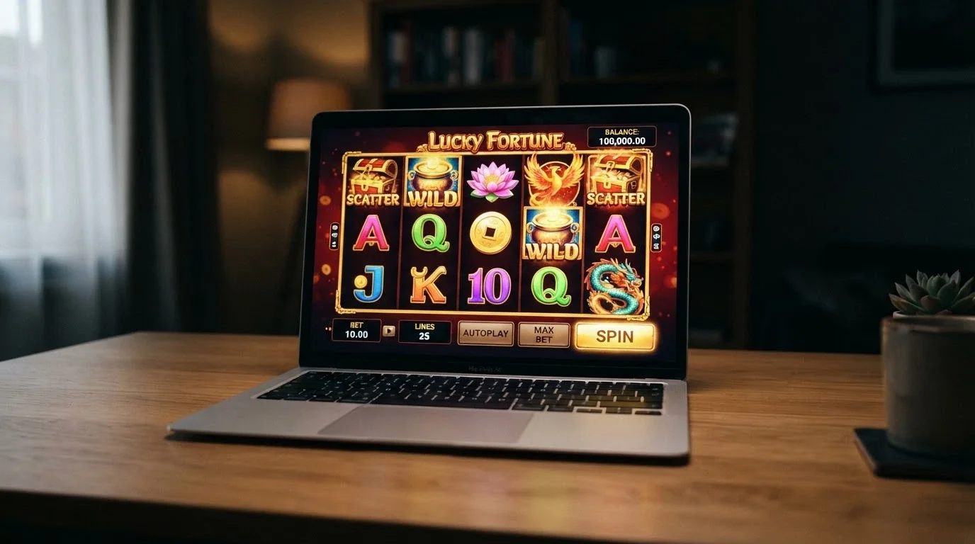 A demo-mode pokie screen with a large play-money balance displayed and no deposit prompt visible on the interface