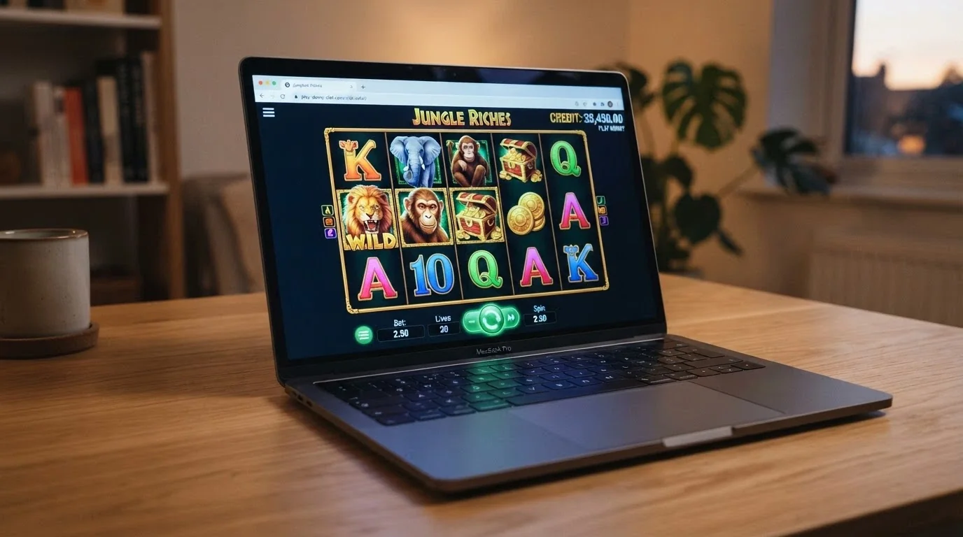 A browser window showing a demo-mode Aristocrat pokie with a play-money balance counter visible in the corner