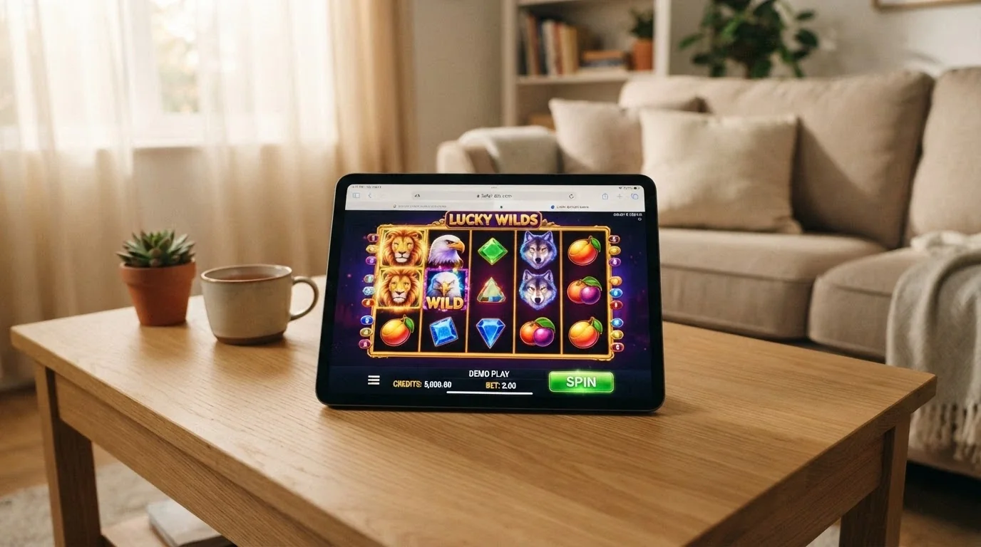 An iPad in landscape orientation showing a free pokie game in full-screen Safari, with the demo-credit balance visible and a popular Aristocrat title on the reels