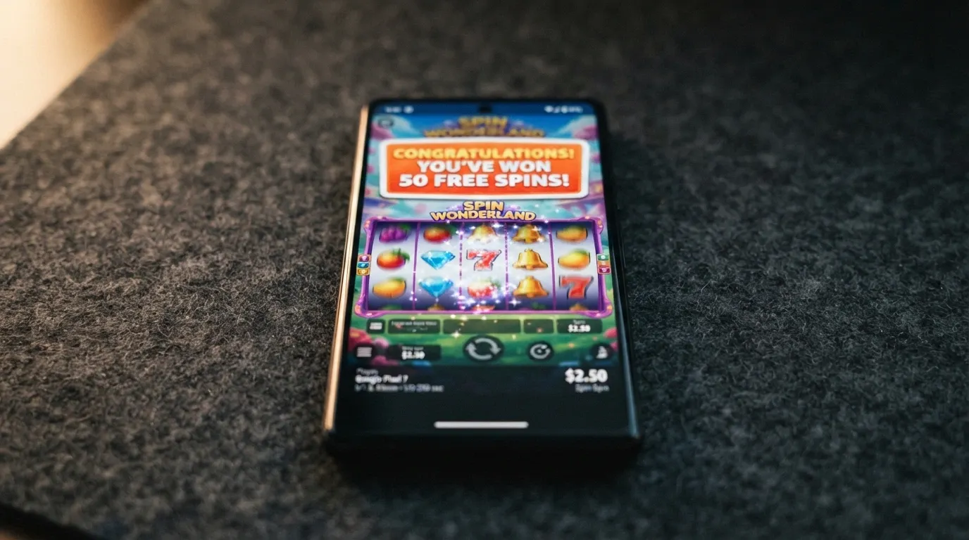 A smartphone screen showing an online pokie game with a “100 Free Spins” notification overlay, the spin value clearly displayed at minimum