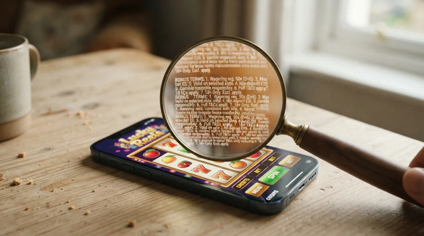 A magnifying glass held over a smartphone screen showing free-spin bonus terms and conditions text