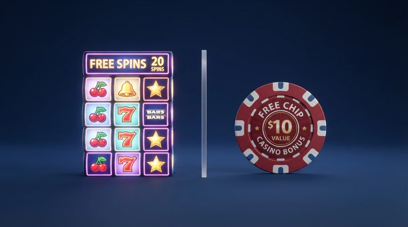 A side-by-side display of a free-spins icon and a free-chip token on a casino promotions screen, with different game titles visible behind each.