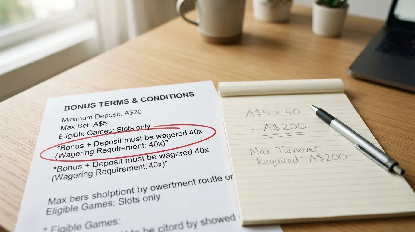 A close-up of casino bonus terms and conditions with the wagering requirement figure circled and a handwritten calculation of turnover next to it