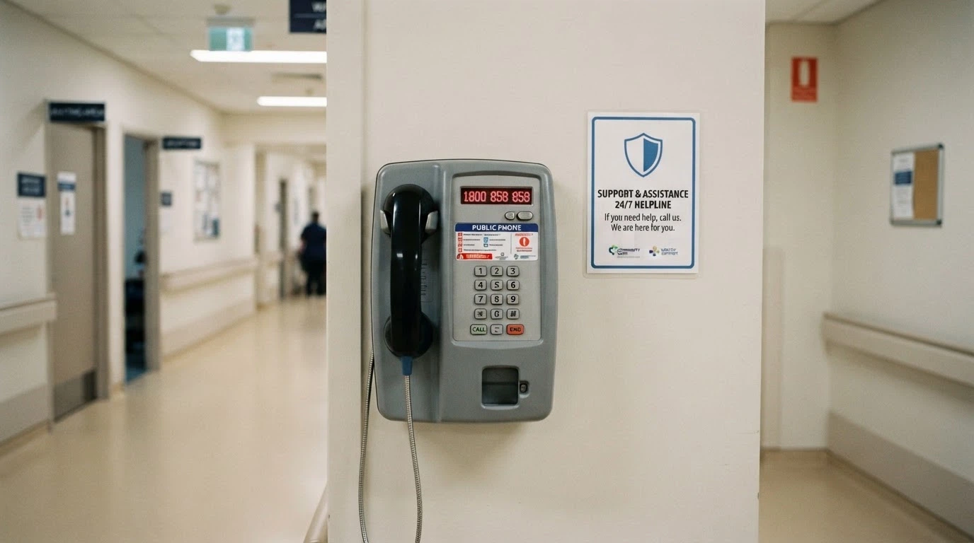 A wall-mounted public phone with the number 1800 858 858 displayed on a screen beside it, the BetStop logo visible on a second information card nearby