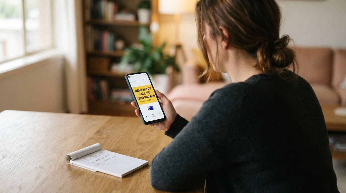A person holding a phone with the Gambling Help Online homepage visible, a notepad with “1800 858 858” written beside it