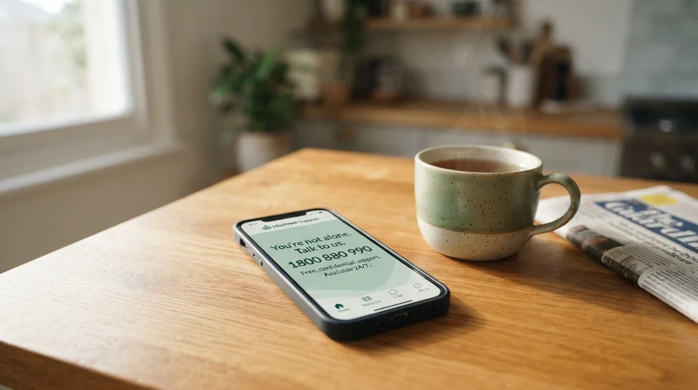 A smartphone displaying the Gambling Help Online homepage with the 1800 858 858 helpline number prominent on screen, placed on a wooden table beside a cup of tea