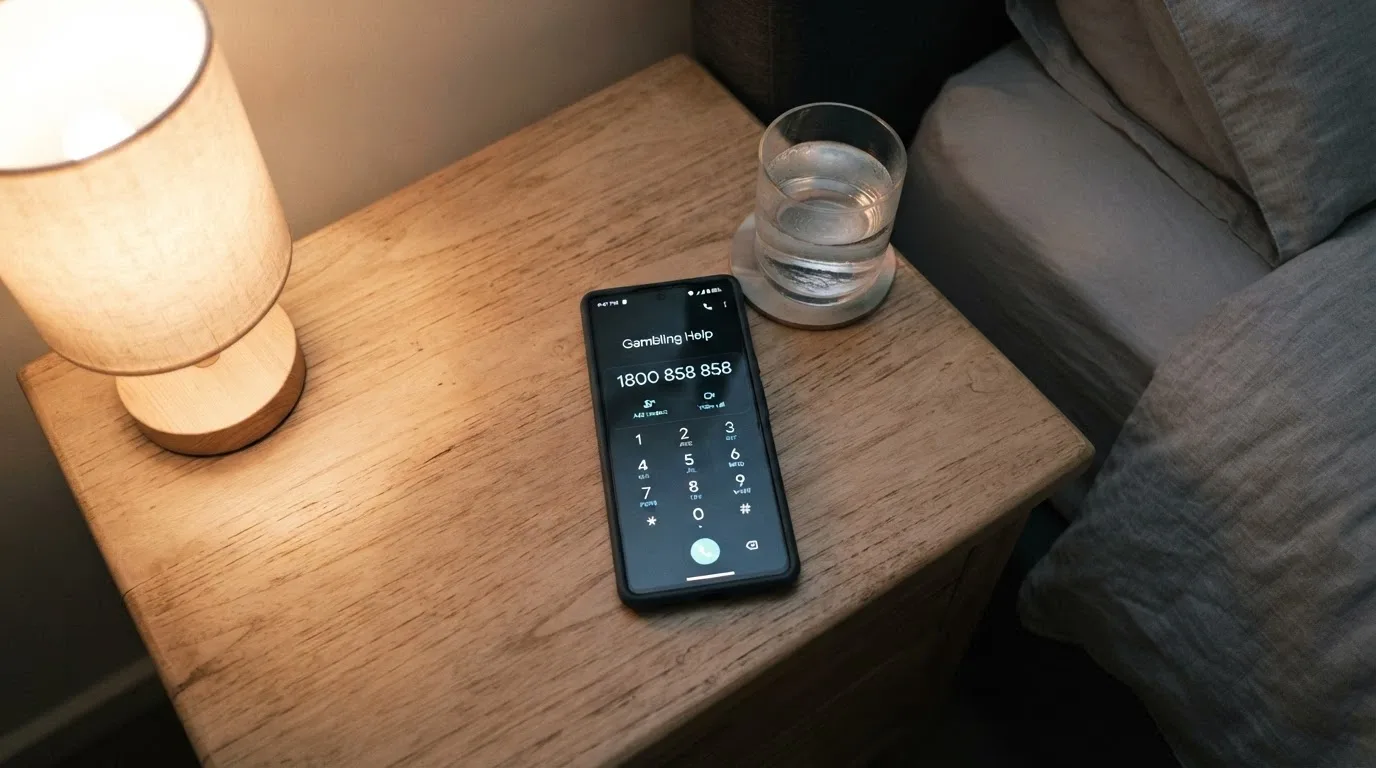 A phone dialler screen with 1800 858 858 entered and the words “Gambling Help Online” visible, beside a BetStop logo with a disconnected-chain icon overlaid